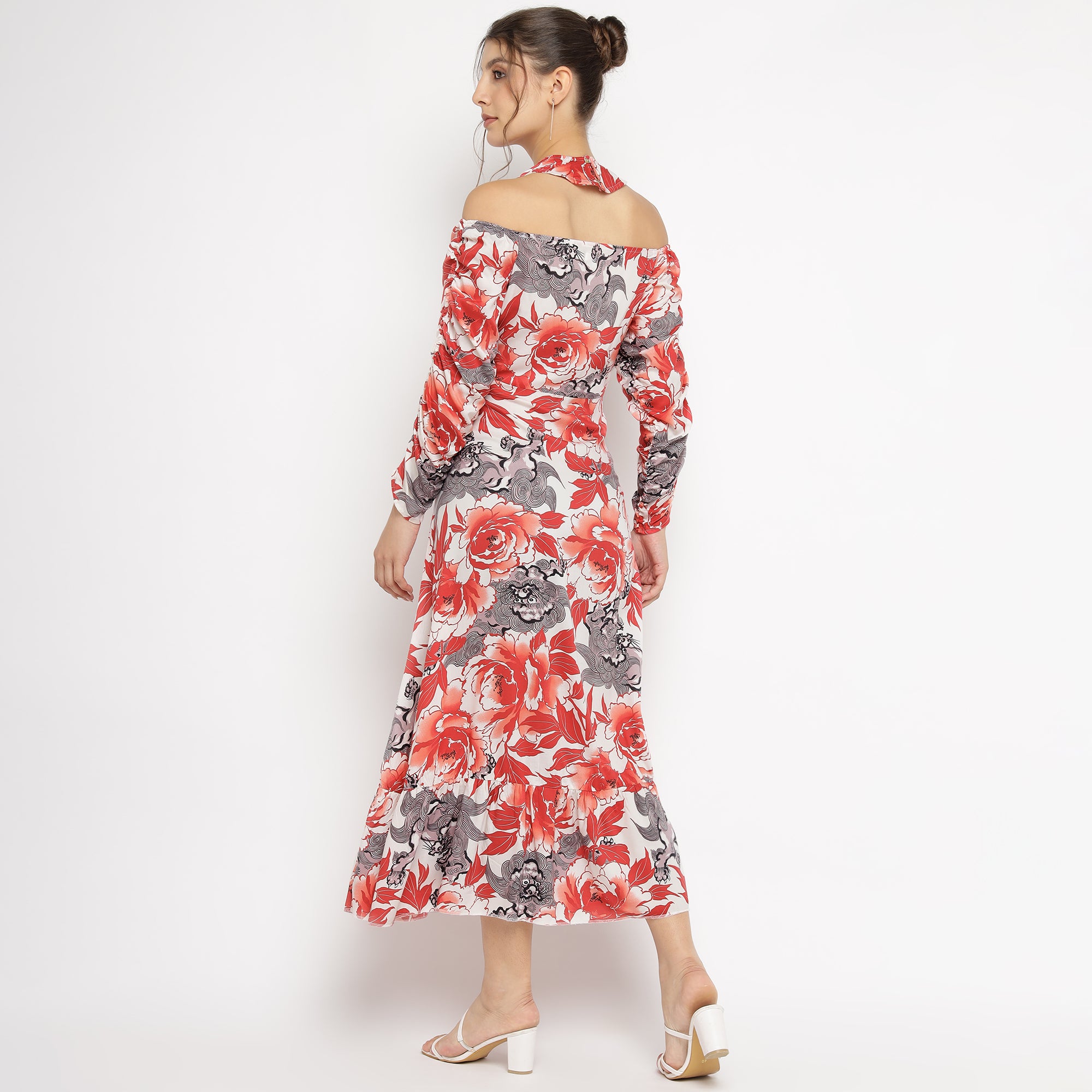 Fiery Red Floral Cold-Shoulder Maxi Dress